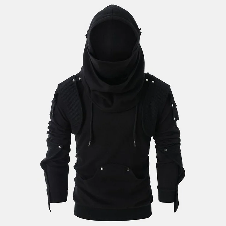 Men's Tactical  Retro Solid Color Rivet Masked Pocket Long Sleeve Pullover Hoodie