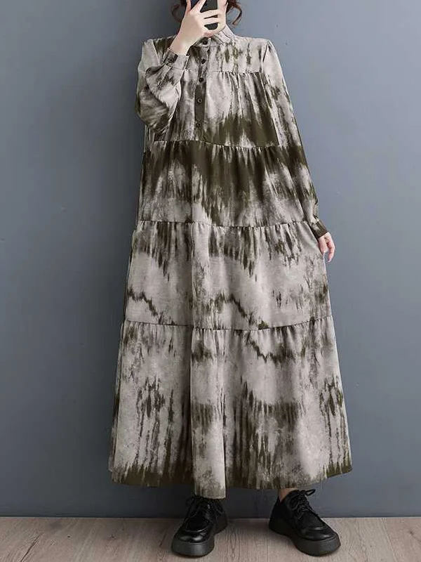Split-Joint Printed Pleated Loose Long Sleeves Stand Collar Midi Dresses