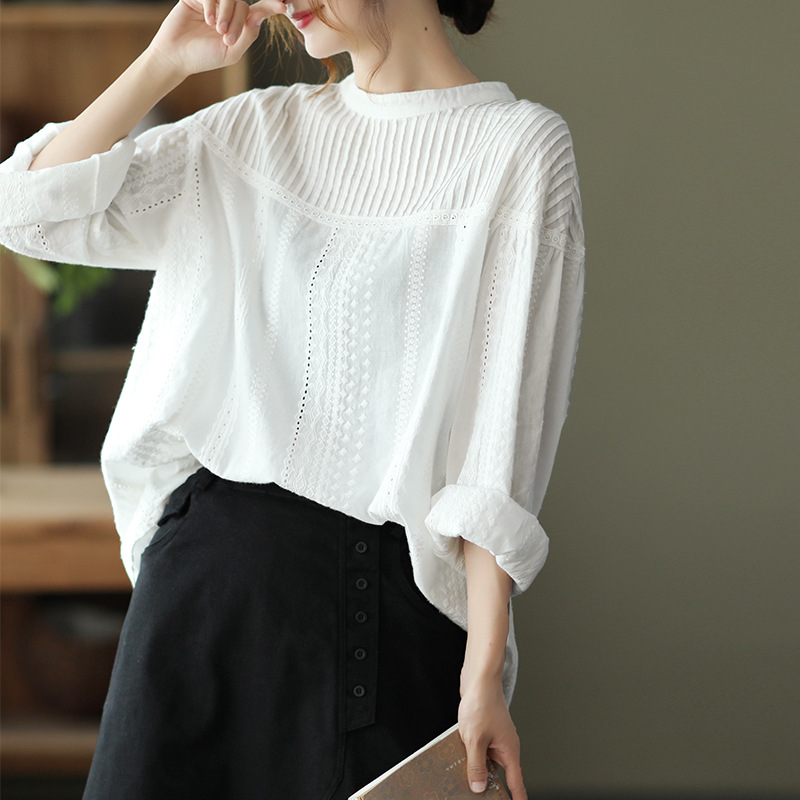 Literary Splicing Round Neck Long Sleeve Shirt