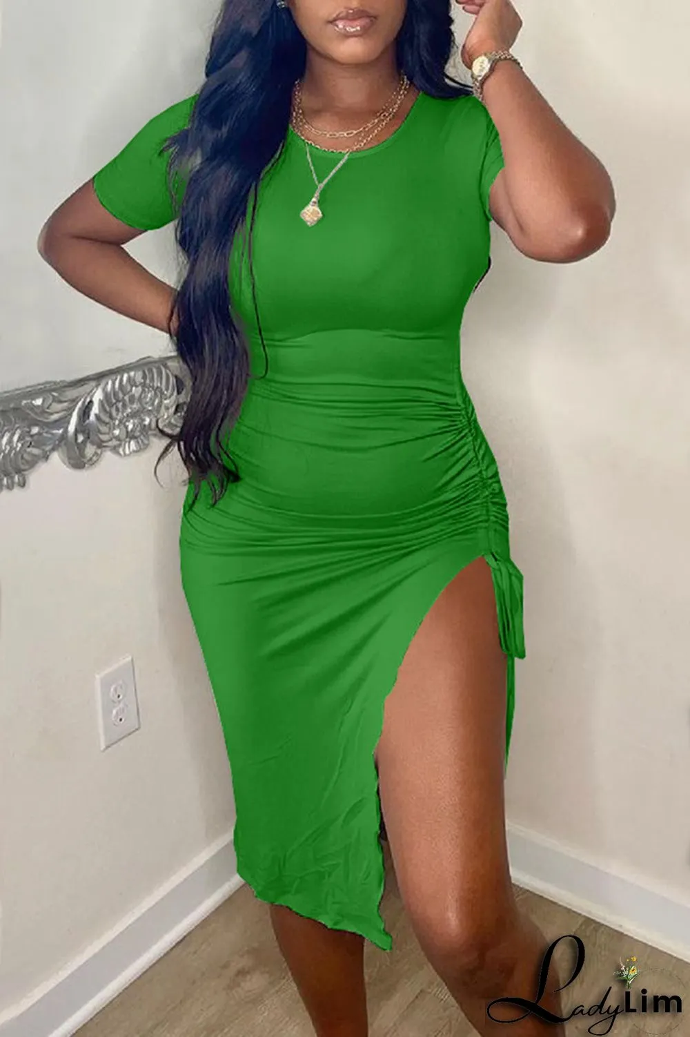 Fuchsia Fashion Casual Solid Draw String Frenulum Slit O Neck Short Sleeve Dress