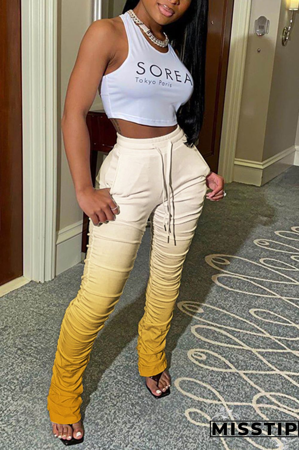 GradientYellow Fashion Casual Gradient Printed Trousers
