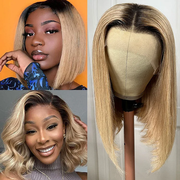 Ombre Blonde With Black Roots Blunt Cut Bob 13x4 Lace Front Wig 100% Human Hair Wigs