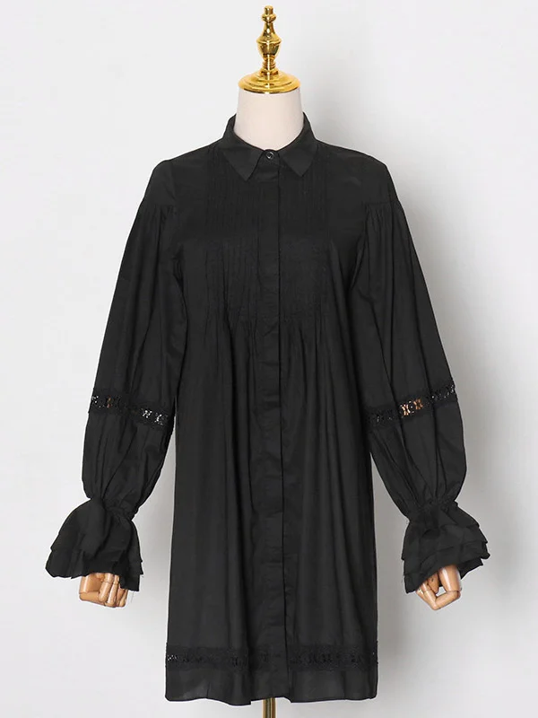 Simple Vintage Lapel Bishop Sleeve Hollow Shirt Dress