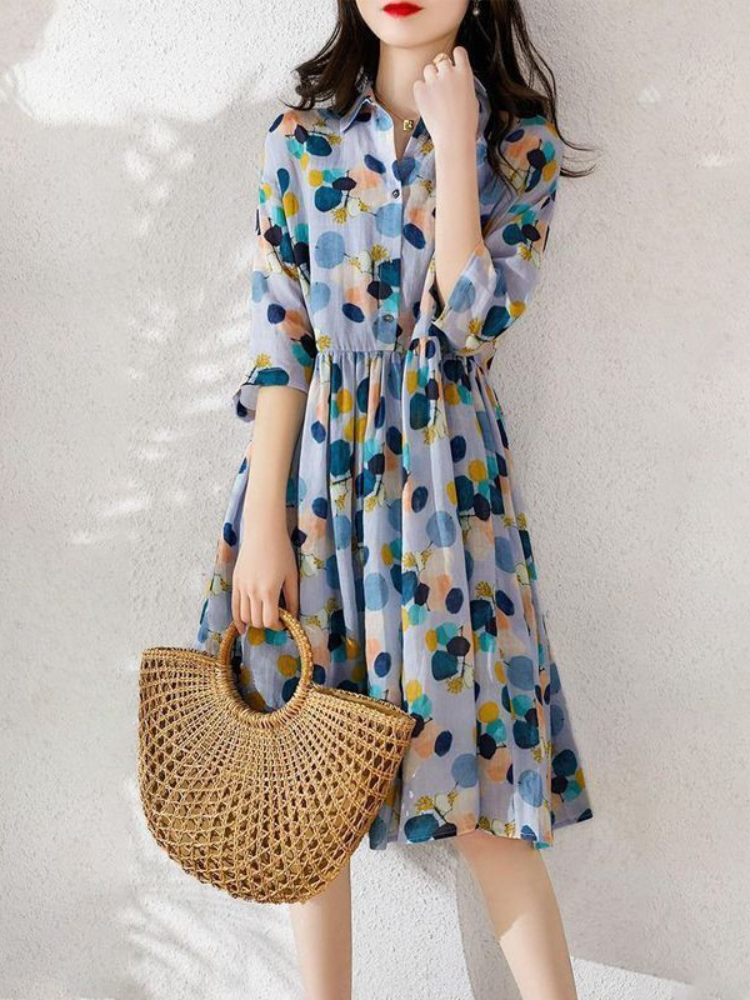 Fashion Floral Polka Dot Waist Slim Shirt Dress