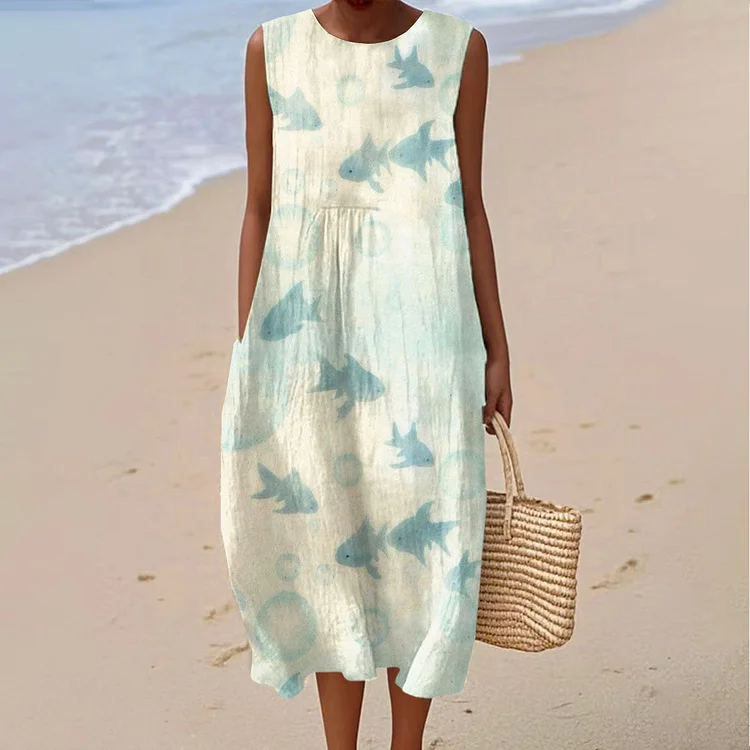 Women's Vintage Fish Art Print Sleeveless Cotton Pocket Wrap Dress