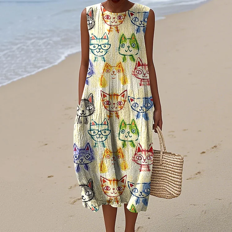 Women's Vintage Cute Cat Art Print Linen Dress