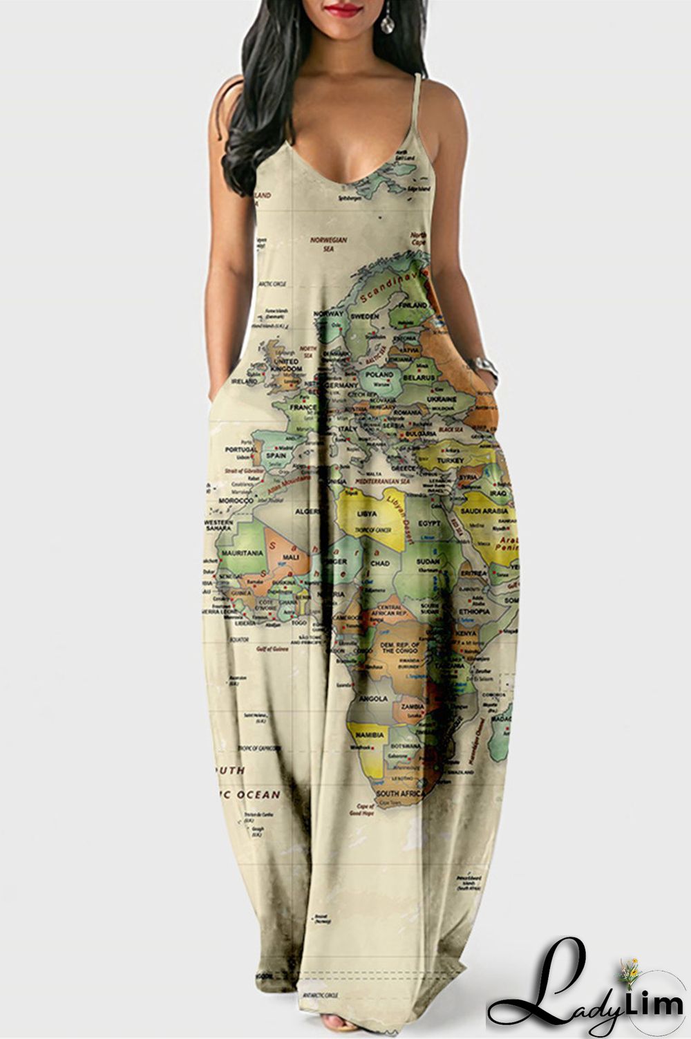 White Blue Fashion Sexy Print Backless Spaghetti Strap Long Dress