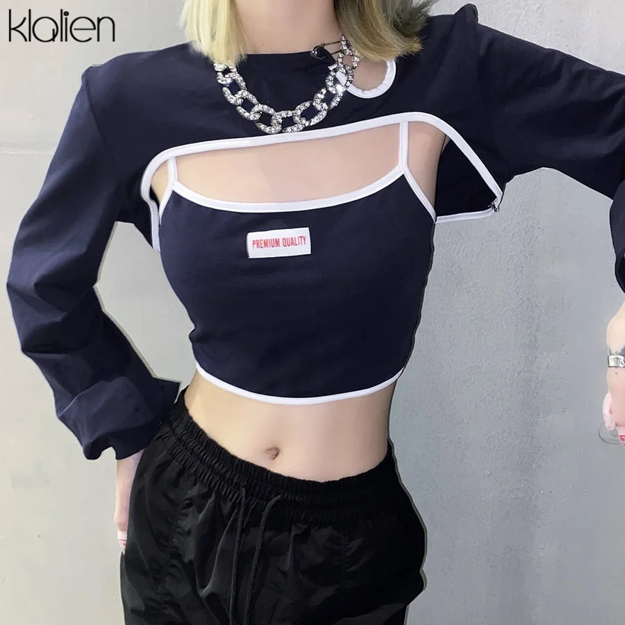 KLALIEN Women Casual Streetwear Long Sleeve Top with Camisole Two Piece T Shirt Autumn New Office Lady Slim Stretch Cotton Tee