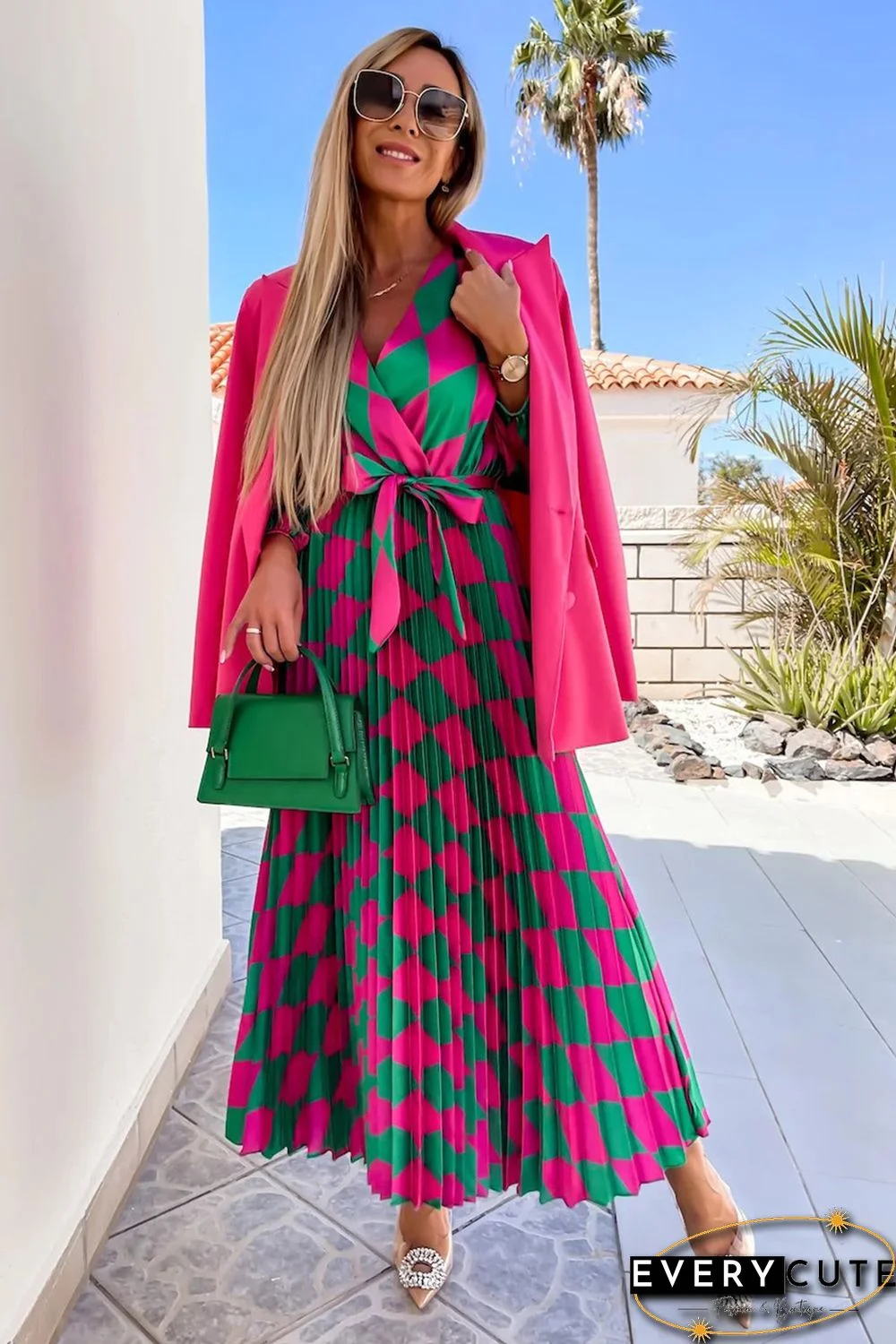 Multicolor Rhombus Contrast Color Block Belted Maxi Dress