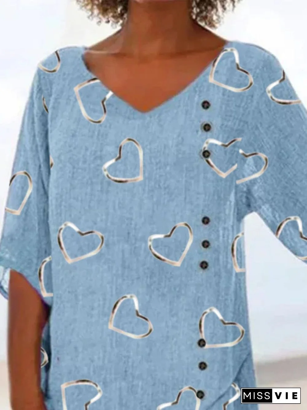Casual V Neck Heart Loosen Three Quarter Tops