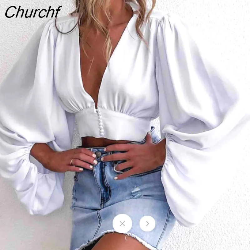 Churchf Women Fashion Sexy Deep V Neck Puff Long Sleeve Blouse Folds Tops Autumn Spring Solid Color Cropped Tops