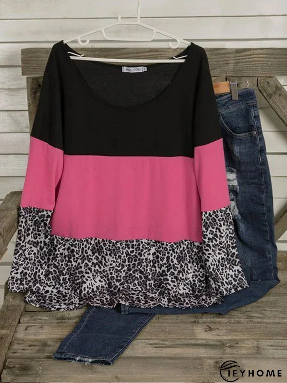 Vintage Leopard Color-block Plus Size Long Sleeve Crew Neck Casual Tops | IFYHOME