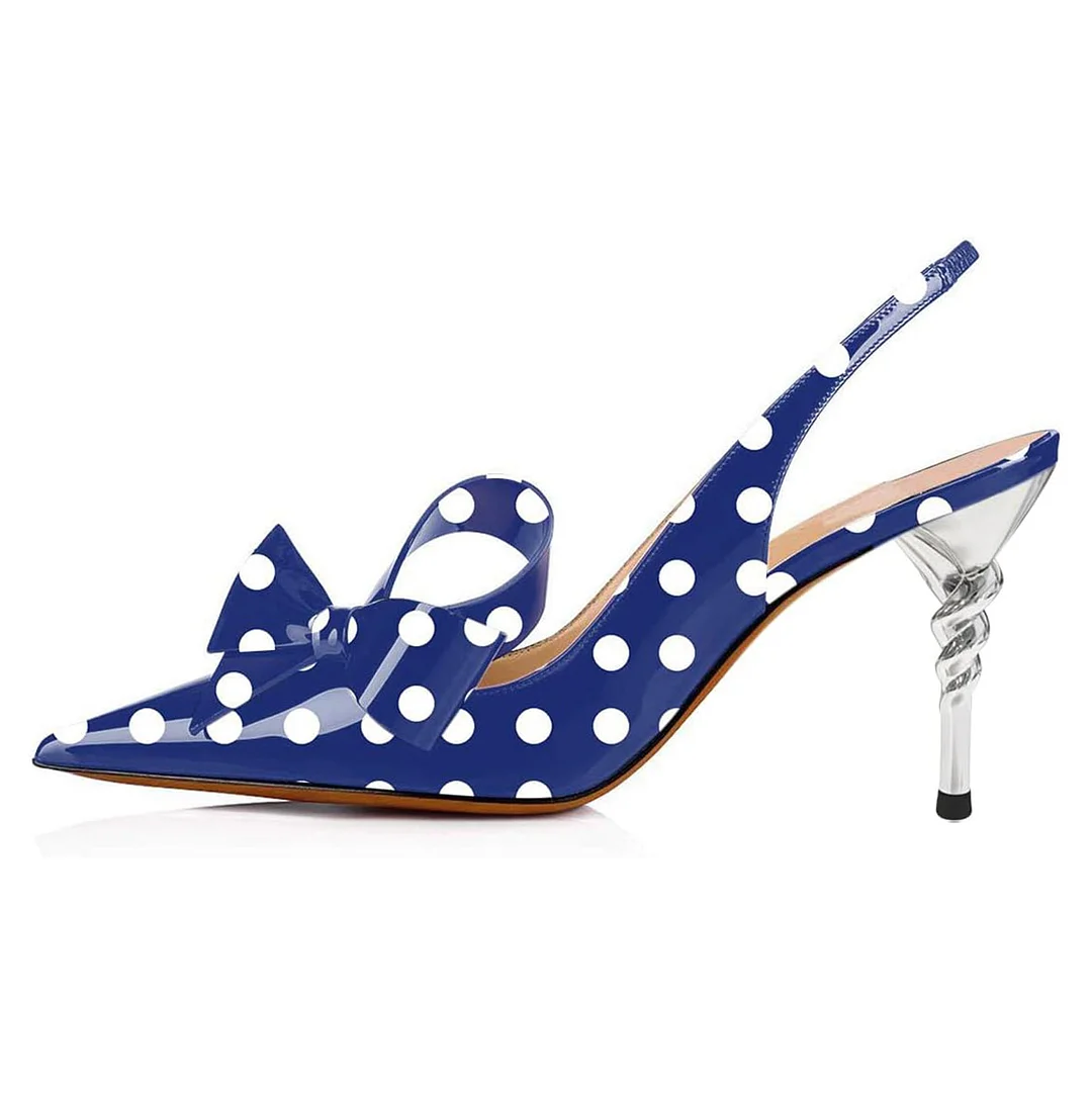 Blue Pointed Toe White Polka Dots Slingback Pumps Heels with Bow
