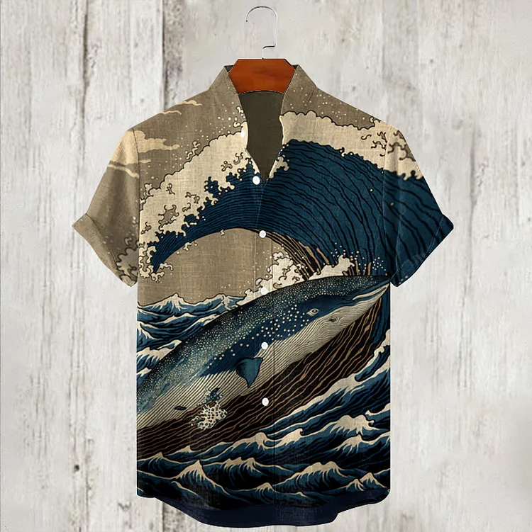 Men's Retro Big Wave Whale Inspire Print Casual Short Sleeve Shirt