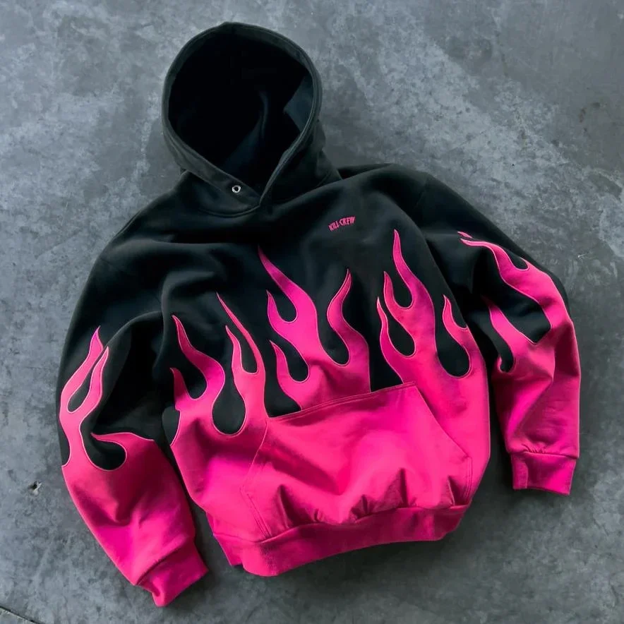 Aonga Vintage Versatile Casual Oversized Sweatshirt Women Colorful Harajuku Trendy Y2K Streetwear Hip-hop Punk Flame Print Hoodies Men aonga