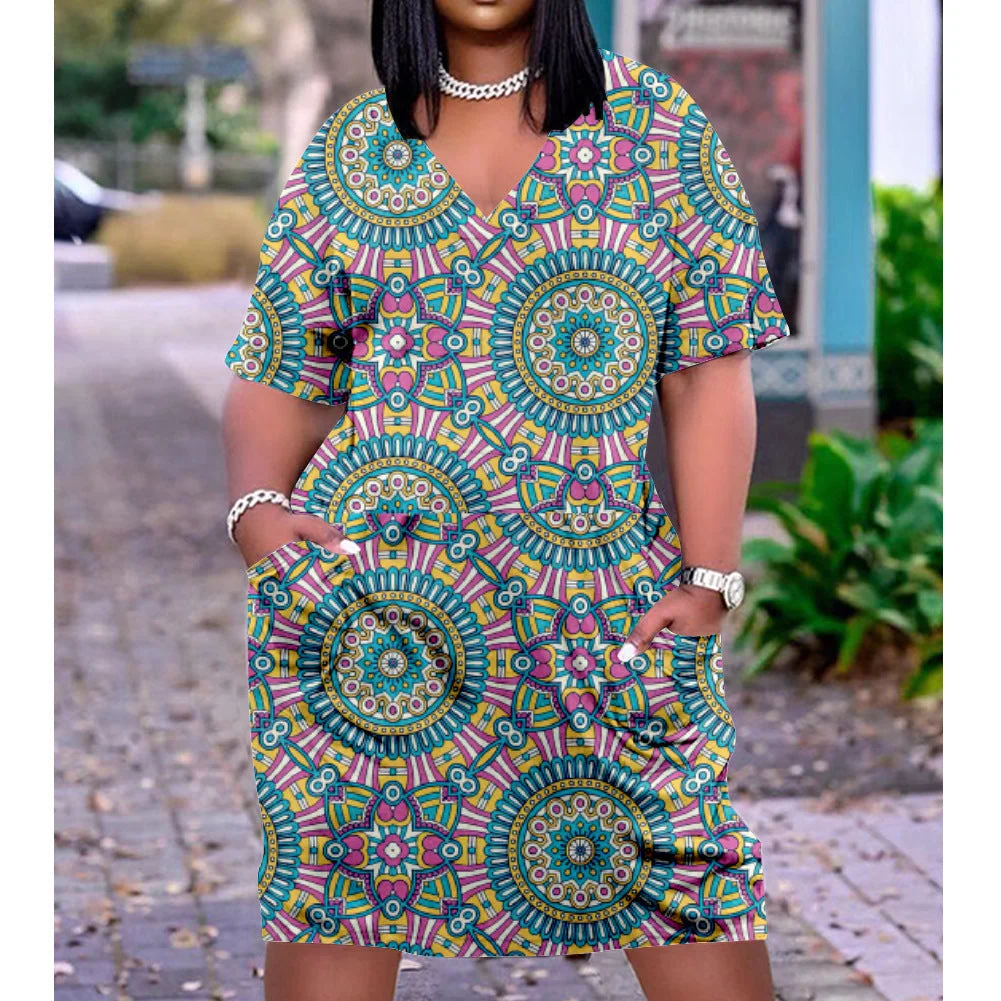 3D printed loose plus size v-neck mid-sleeve dress