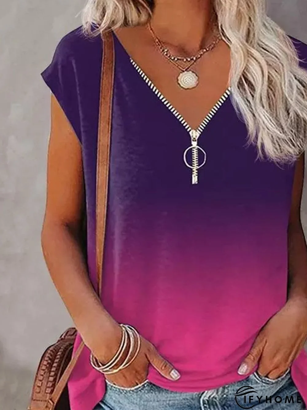 Ombre Casual V Neck Zipper Short Sleeve T-Shirt | IFYHOME