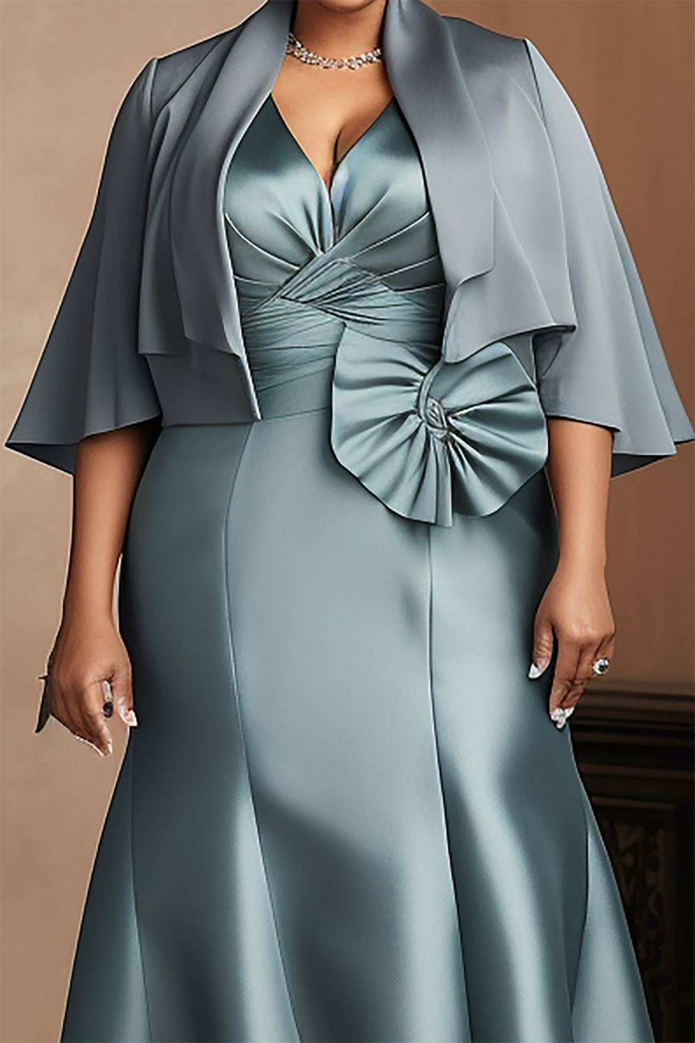 Design Plus Size Mother Of The Bride Elegant Light Green V Neck Cape Sleeve Half Sleeve 3D Satin Two Piece Dress Set [Pre-Order]