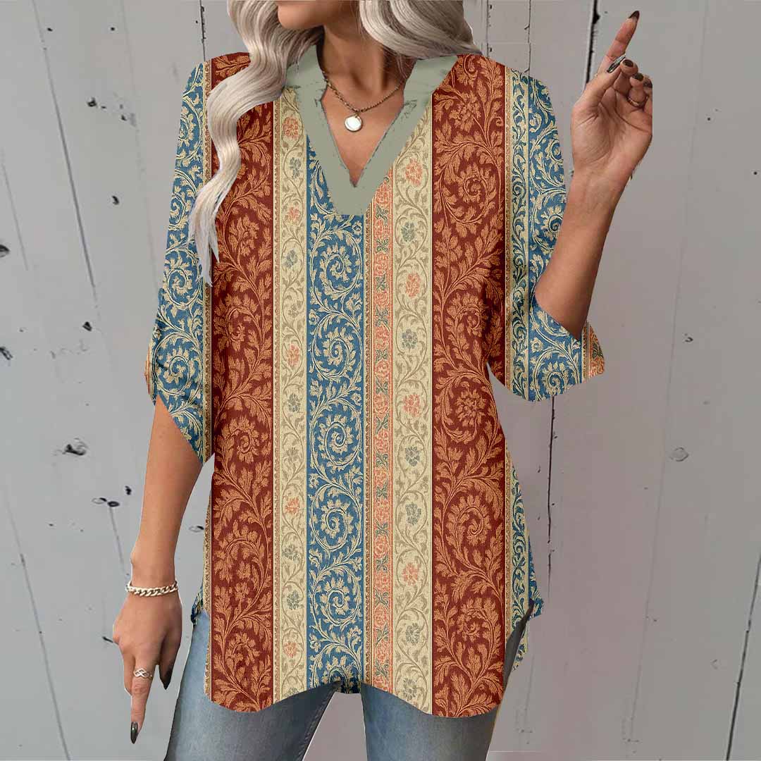 Women Floral, Brown, Blue DZGA0355 3/4 Sleeve V-neck Printed Graphic Button Tops