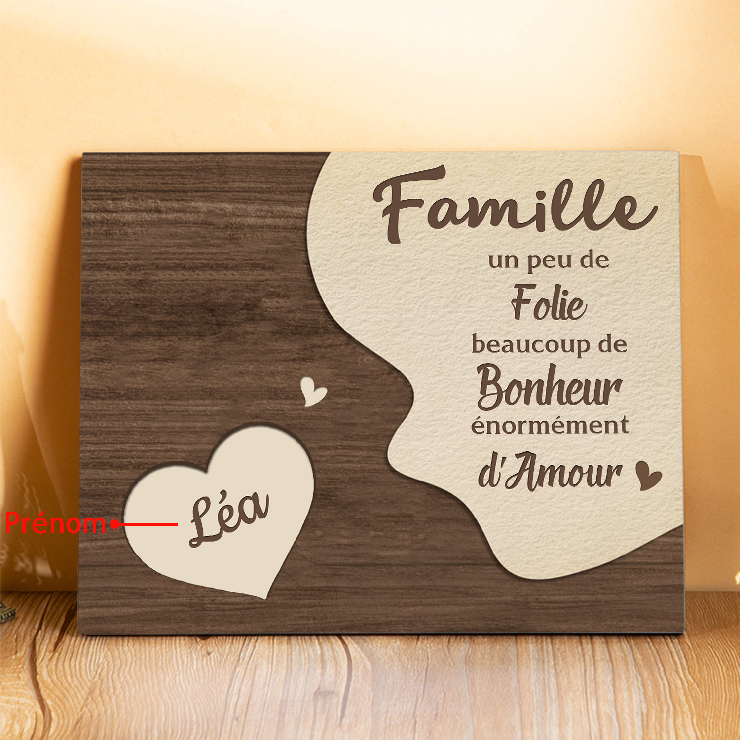 Cadre en Bois Cœur 1 Prénoms Personnalisés pour Famille