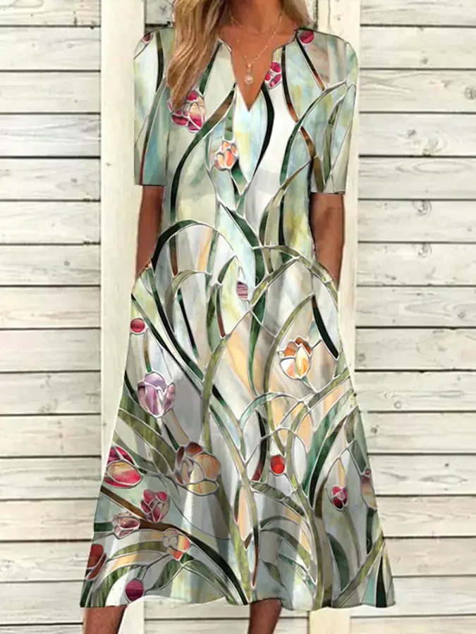 Floral Comfort Cool Mid Sleeve Midi Dress