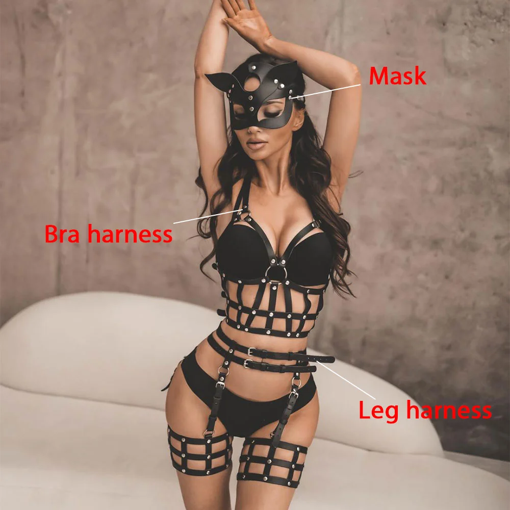 Billionm Fullyoung Sexy Leather Set Harness Woman Sexs Bondage Cage Gothic Suspender Clothes Underwear Body Lingerie PU Belt Strap Mask