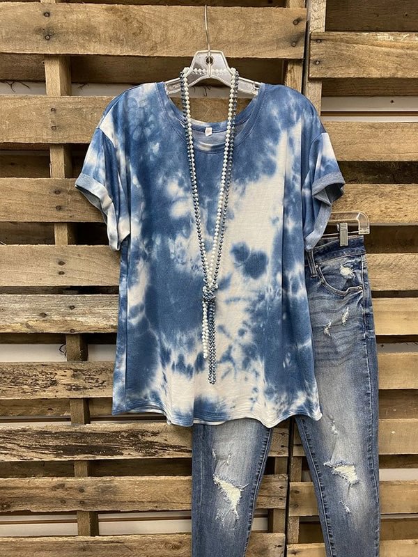 Blue Ombre/tie-Dye Cotton Casual Shirts & Tops