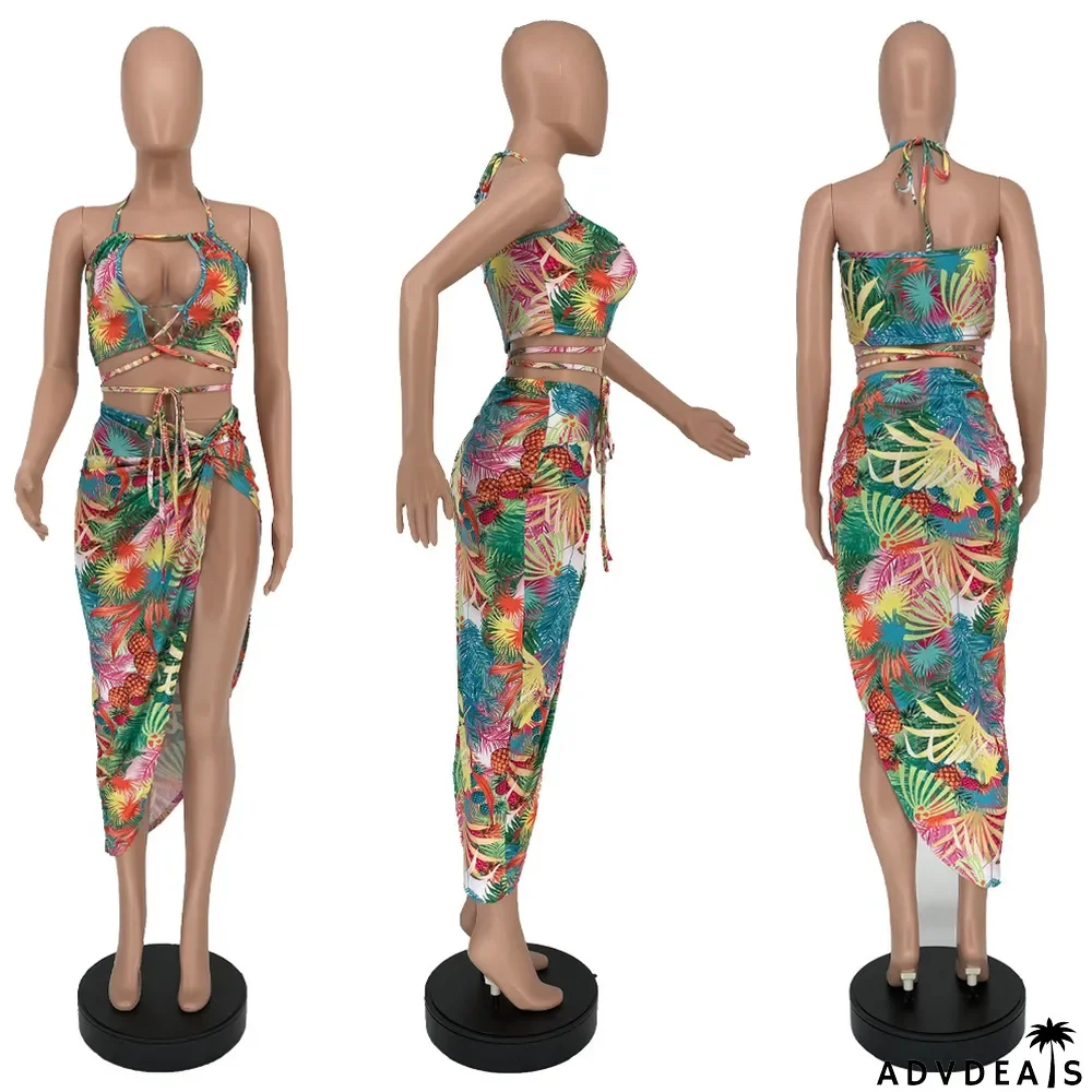 Floral Print Halter Top High Split Skirt 2 Piece Sets