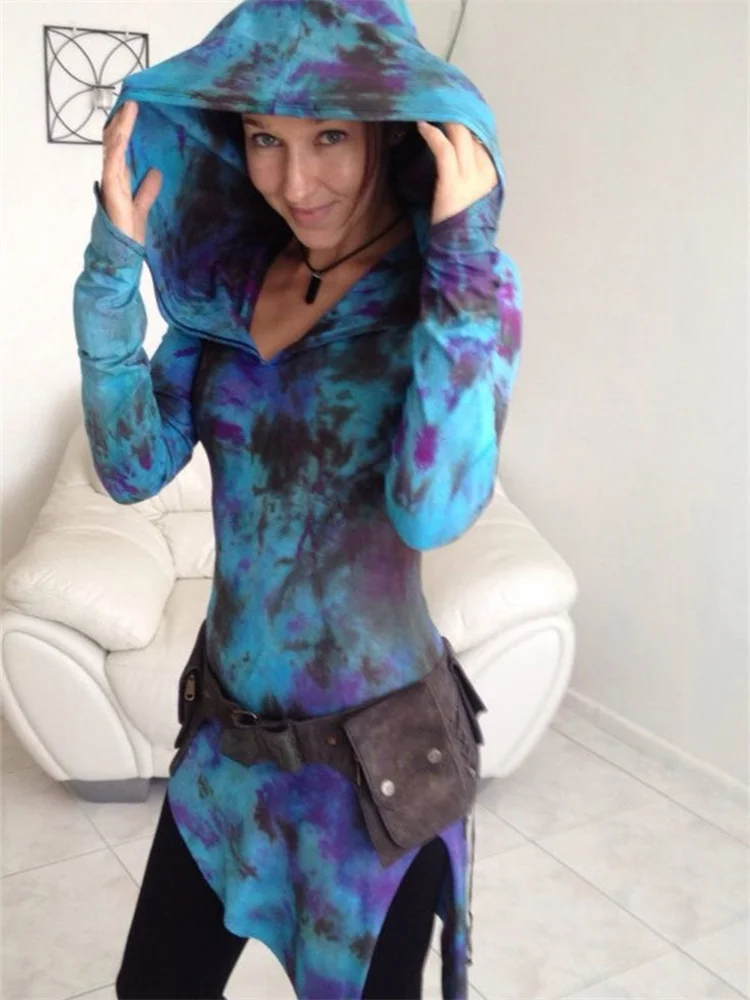 VChics Tie Dye Elf Bottom Hooded Slim Fit Mini Dress