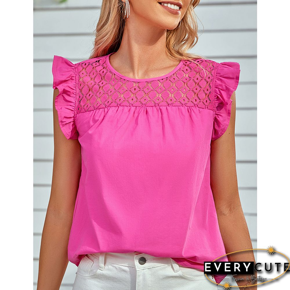 Pink Spliced Lace Neck Ruffled Sleeve Tank Top