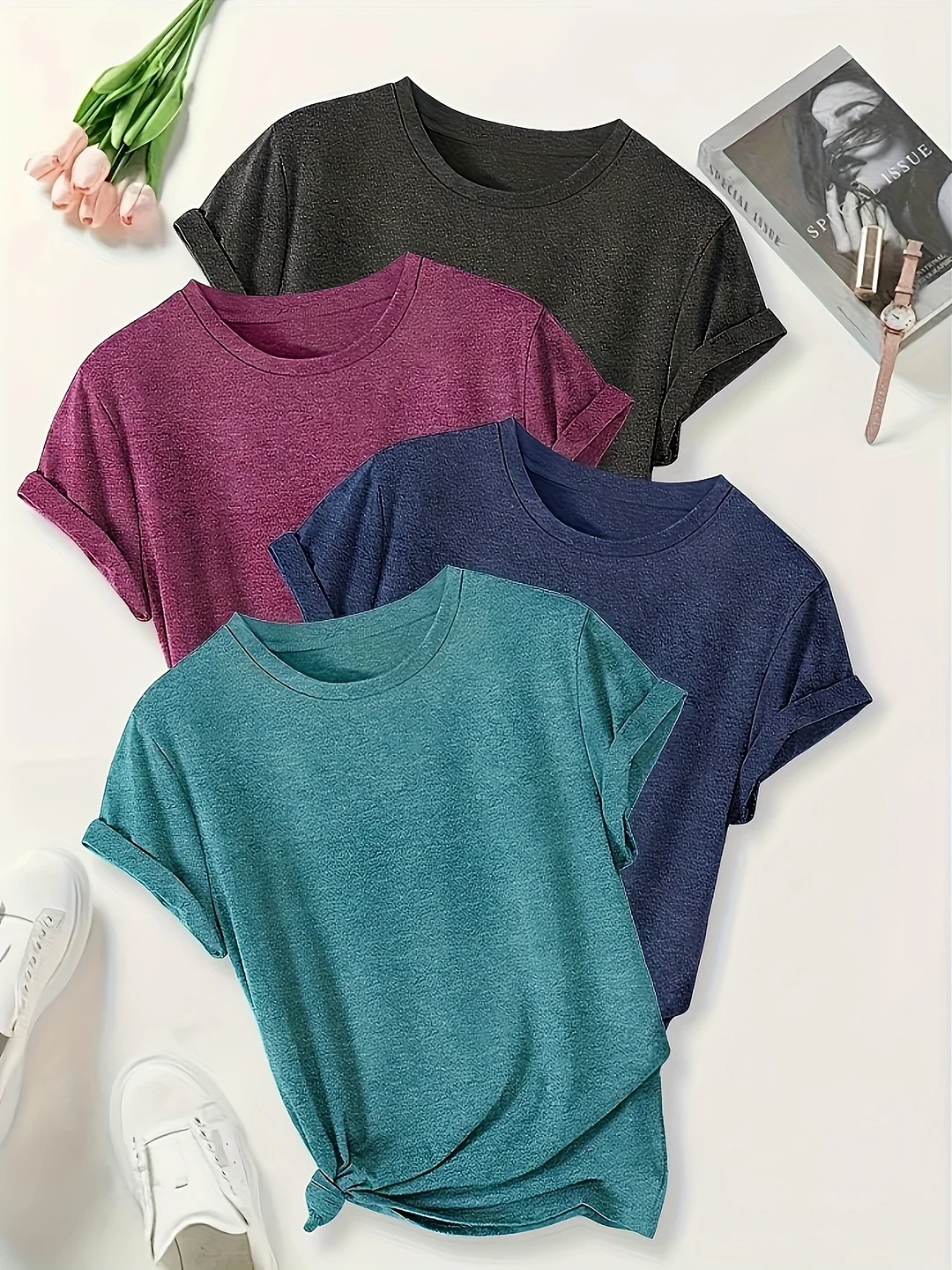 Women's 4pcs Short Sleeve T-Shirt Set - Soft And Lightweight Round Neck Top In Solid Burgundy, Dark Gray, Blue, Teal - Casual Versatile Outfit | IFYHOME