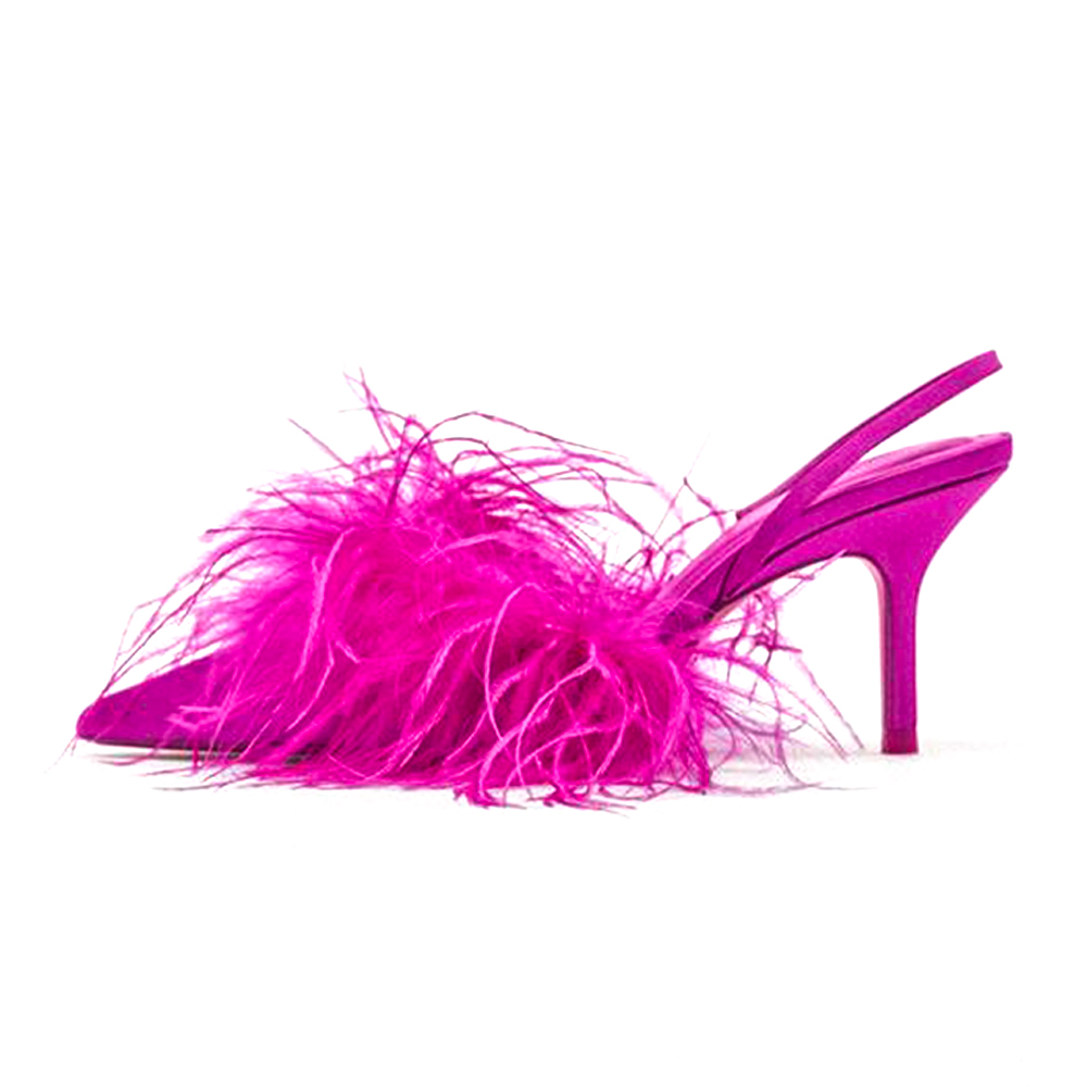 Fuchsia Evening Shoes Pointed Toe Feather Trim Slingback Heels Nicepairs
