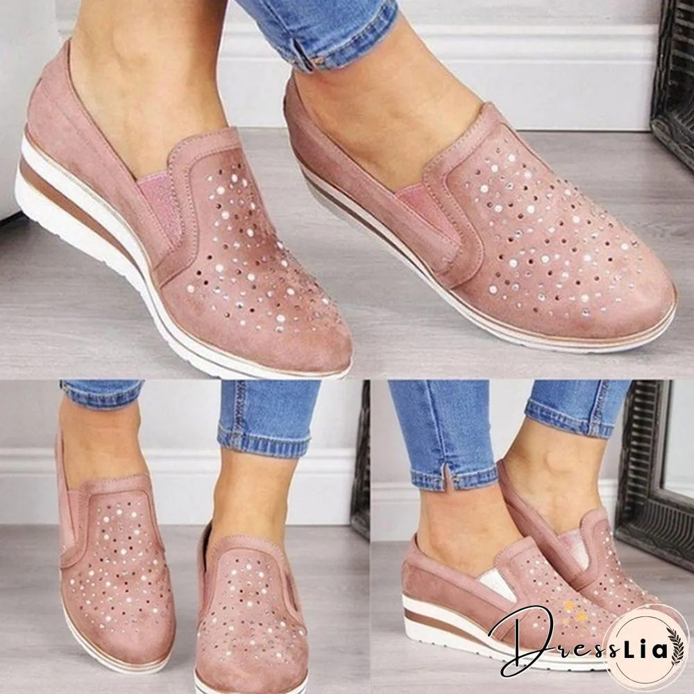 Women Casual Thick Sole Single Shoes Rhinestones Sandals Breathable Wedge Shoes