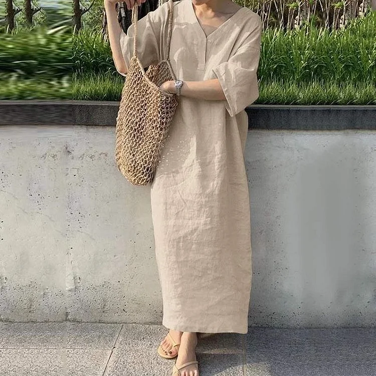 Women's Casual Dresses V-Neck Loose Solid Cotton Linen Dress
