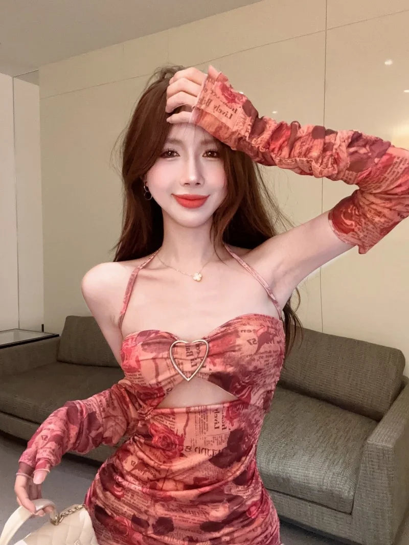 Rose Newspaper Print Love Iron Ring Tassels Women Sexy Hanging Neck Off Shoulder Short Spicy Girl Ruffle Edge Dress Senior Aiertu