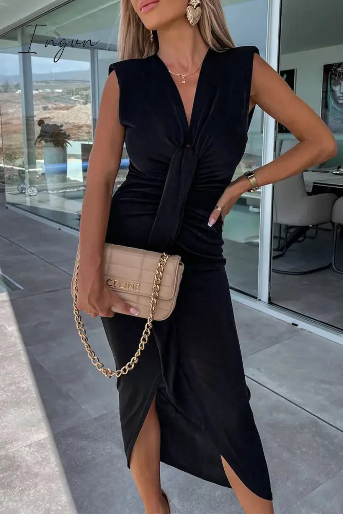 Ingvn - Sexy Simplicity Solid Fold V Neck Irregular Dress Dresses Black / S Dresses/Casual