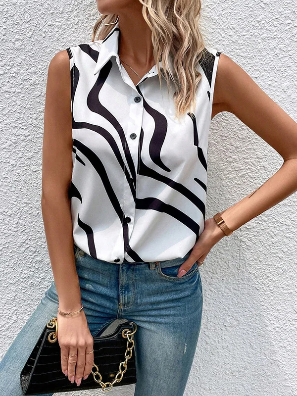Printed Buttoned Sleeveless Loose Lapel Blouses&Shirts Tops