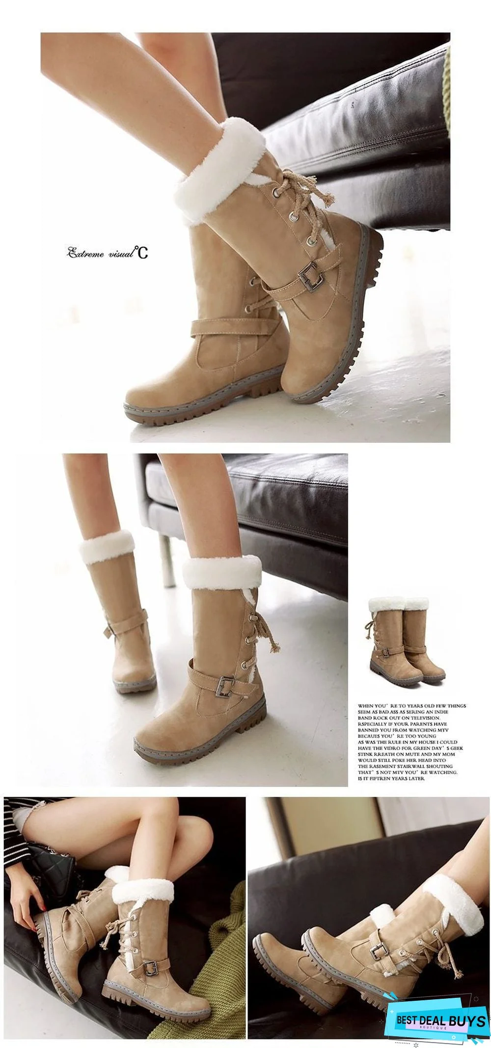 Women Leather Warm mid-calf Plush Fur Velvet Boots Booties Snow Shoes