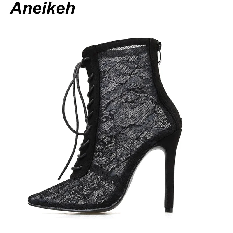 Aneikeh 2022 New Mature Mesh Women Boots Floral Lace-Up Thin High Heels Ankle Pointed Toed Party Wedding Shoes Black Size 35-40