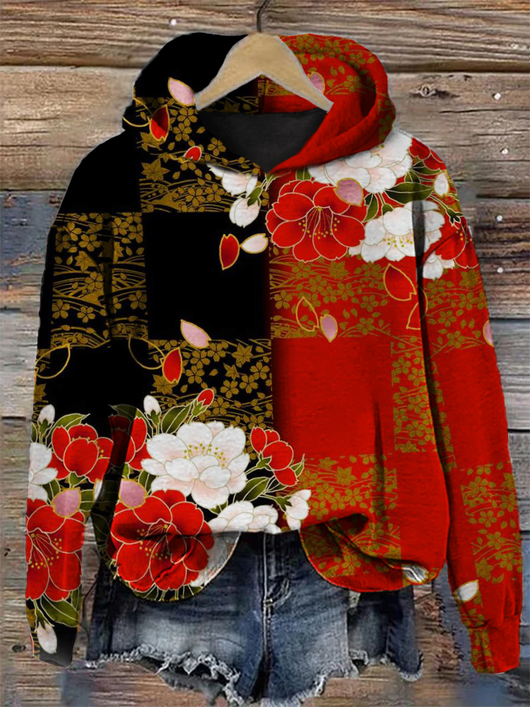 Comstylish Elegant Floral Japanese Art Contrast Color Hoodie