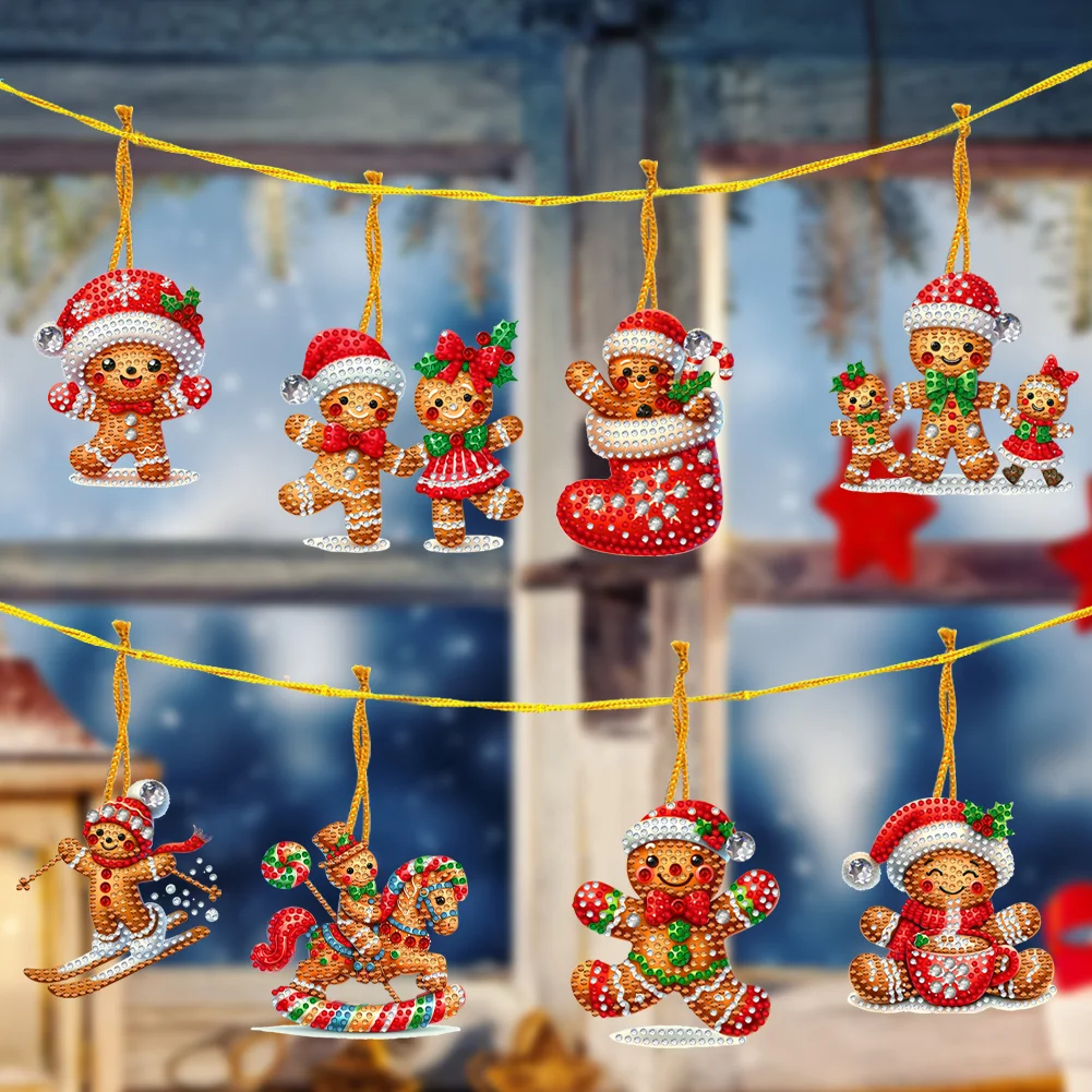 8Pcs DIY Christmas Gingerbread Man Acrylic Special Shaped Christmas Theme Diamond Painting Hanging Decorations