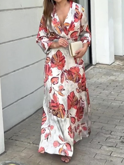 Stylish and Elegant Printed Deep V Slim Fit Long Skirt with Wide Hem | Oxredo Shop Ramadan Sale