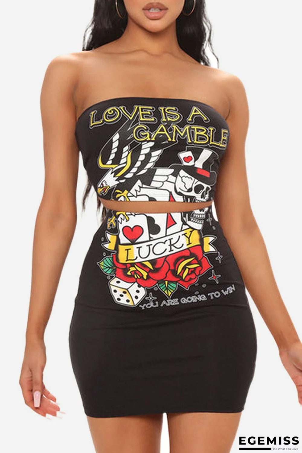 Black Sexy Print Patchwork Strapless Sleeveless Two Pieces | EGEMISS