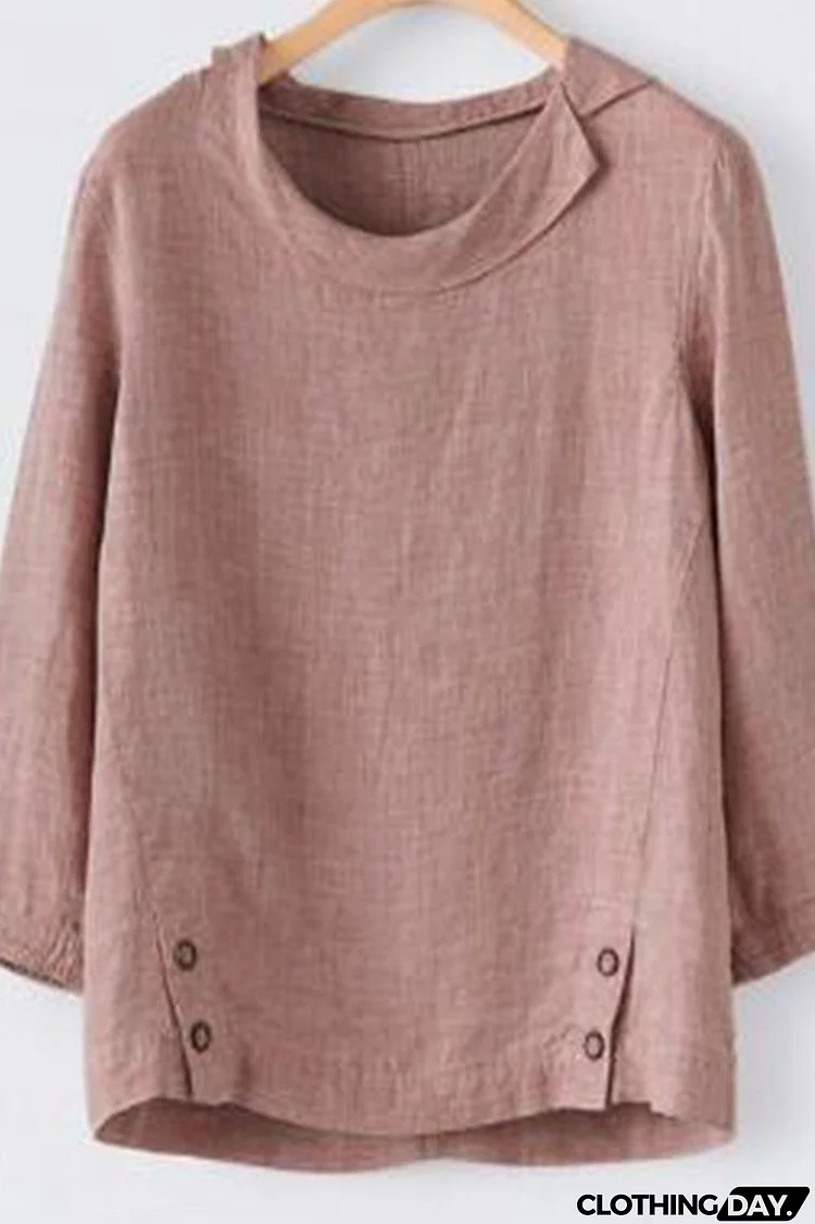 Plain Buttons Round Neck 3/4 Sleeves Blouse