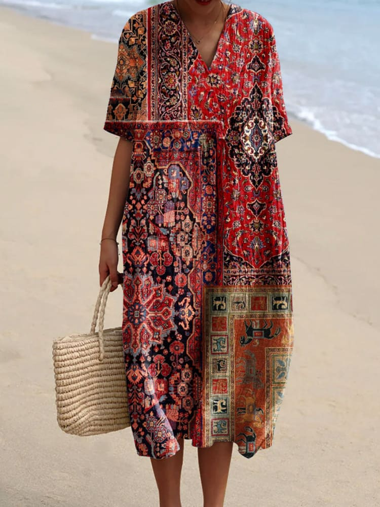 Womens Geometric Floral Pattern Casual Flowy Dress