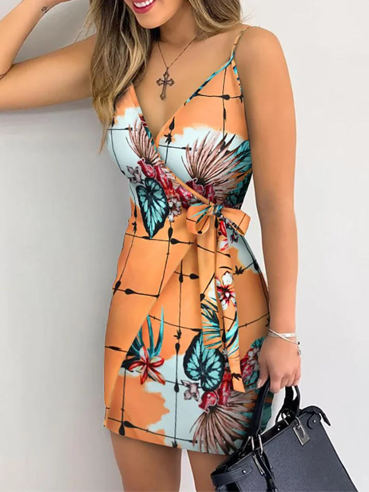 Fashion Print V Neck Casual Sleeveless Resort Mini Dress