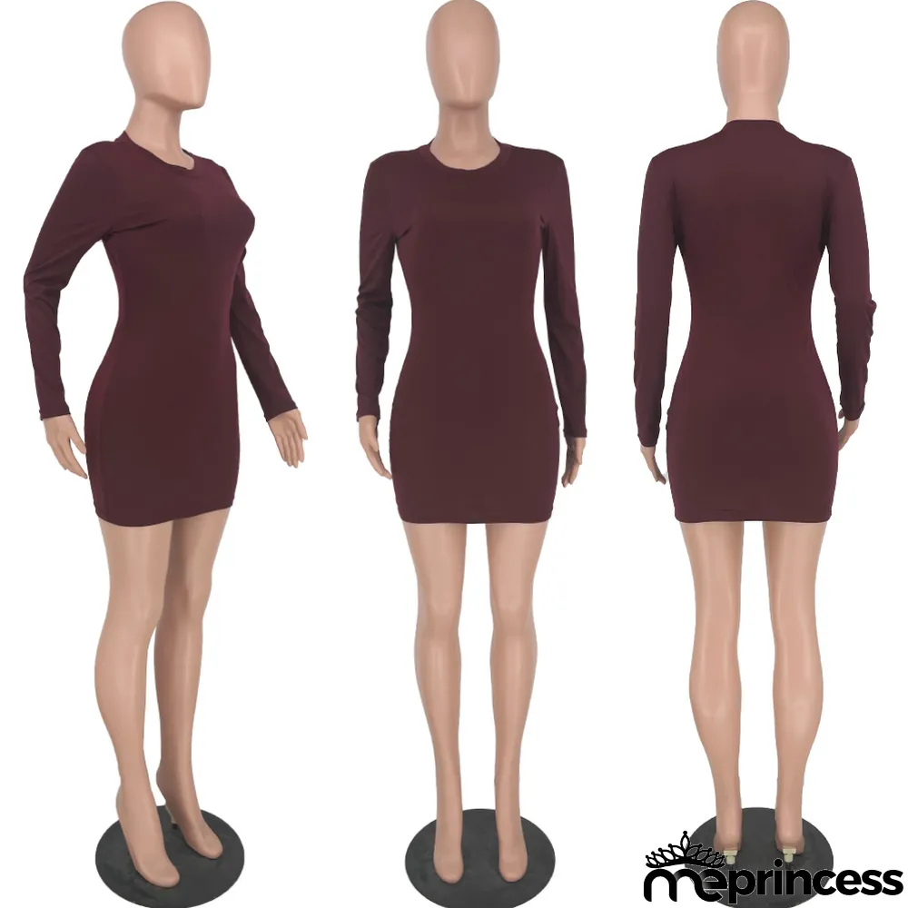 Casual Solid Long Sleeve Slim Mini Dress