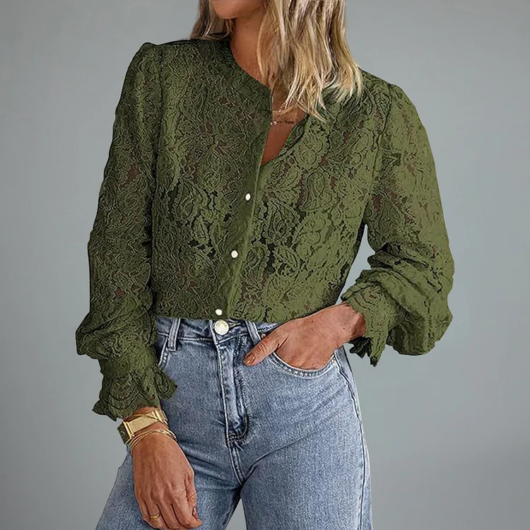 Casual Lace See-Through Long Sleeve Button Blouse