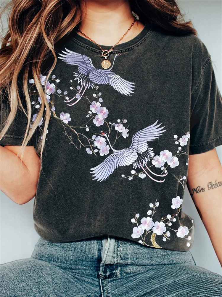 Comstylish Cranes & Cherry Blossom Embroidery Vintage Washed T Shirt