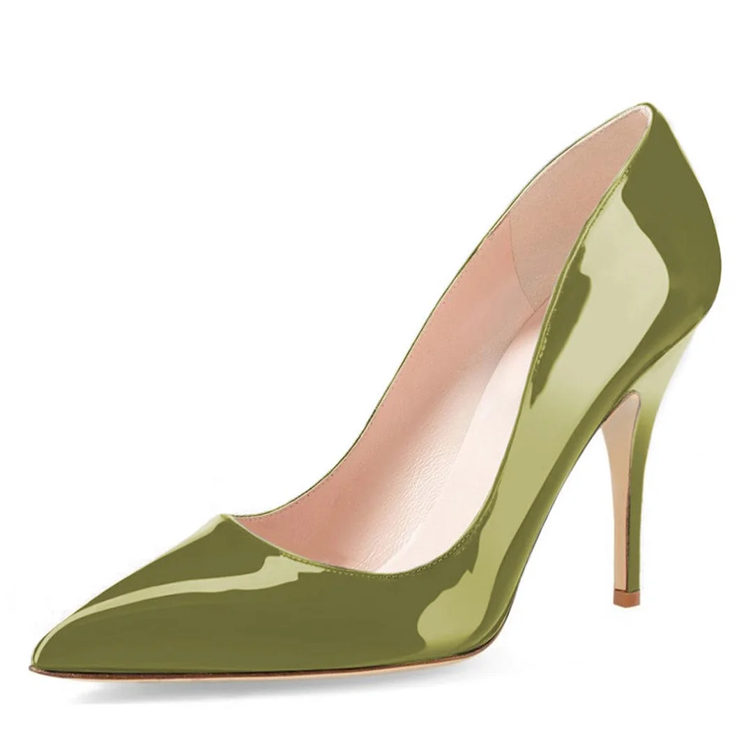 Women's Patent Leather Pointed Toe Classic Pumps Heels in Olive
